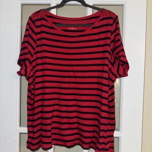 Talbots 3X Tee Short Sleeve Knit Top Cotton Red Navy Blue Stripe